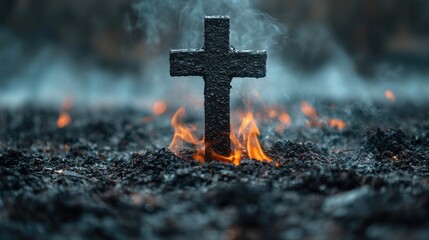 ash wednesday burning coals in the smoke on the background of the cross