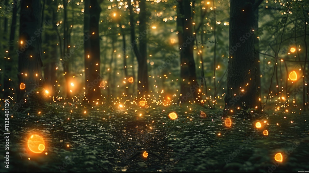 Poster fairy lights floating in a forest clearing.