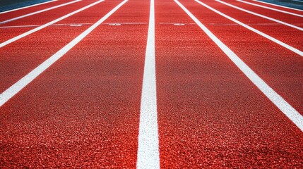 A track and field lane with bright red surface and white lane markings, outdoor setting under a...