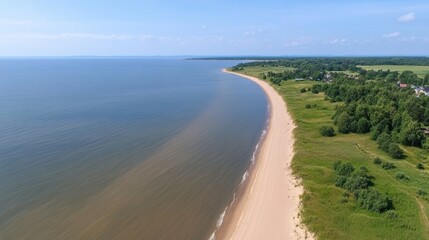 Serene Aerial View of Tranquil Sandy Beach and Calm Blue Water