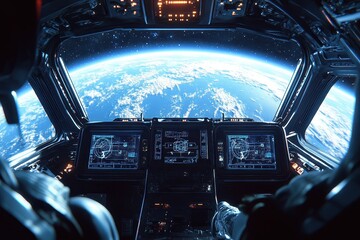 Spaceship cockpit overlooking Earth; vibrant blue planet visible through large window. Perfect for sci-fi, space travel, or futuristic technology themes.