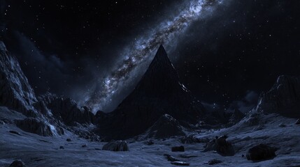 Dark mountain landscape under a starry galaxy sky