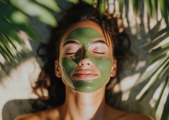 Young woman relaxing in tropical spa with treatment of green clay face mask.Macro.AI Generative.