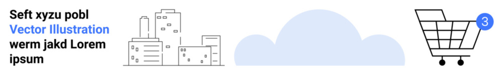 Buildings, cloud, shopping cart with three-item notification badge. Ideal for e-commerce, online shopping, urban business, modern lifestyle, notifications, web interfaces, tracking orders. Landing