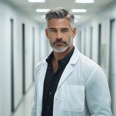 Confident Doctor Portrait:  A mature, distinguished male doctor with salt and pepper hair and beard stands confidently in a hospital corridor.