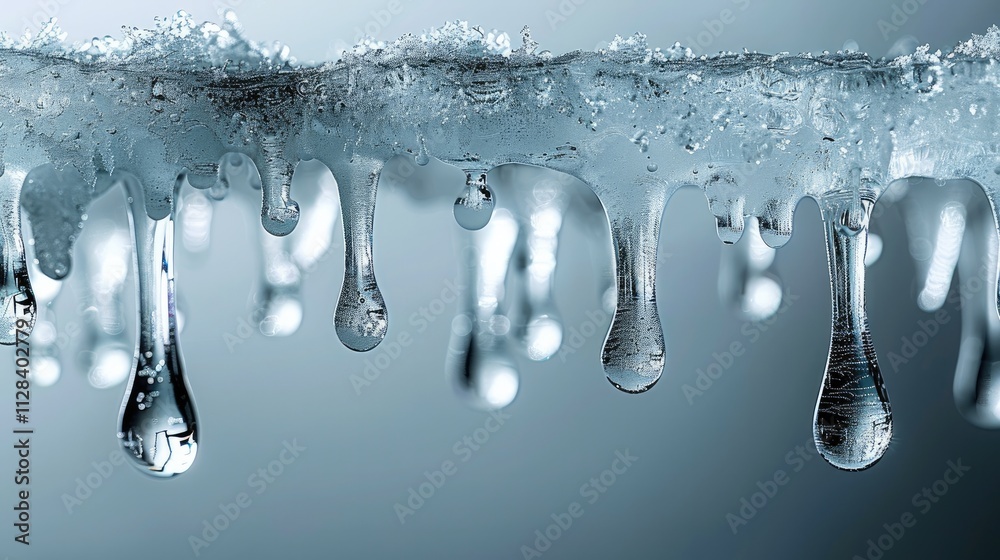 Poster close up details of slivers of ice rapidly melting with water droplets pouring down its surface.