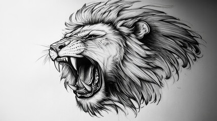 Obraz premium A stunning pen and ink drawing of a roaring lion, its mane rendered with intricate detail. The monochromatic palette creates a powerful image.