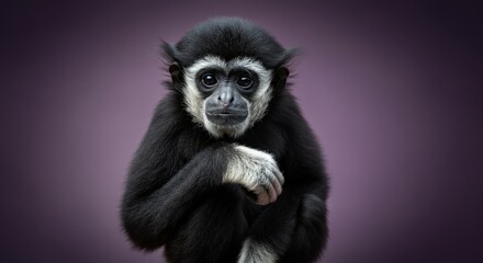 Fototapeta premium Curious young gibbon in thoughtful pose on purple background