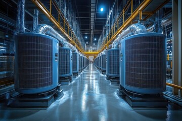Precision-engineered cooling systems in vibrant tech labs, focusing on innovation and sustainability, surrounded by green energy infrastructure