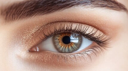 Fototapeta premium Close-up of a woman's eye with natural-looking makeup. The warm, shimmering eyeshadow complements her hazel eyes and long lashes.