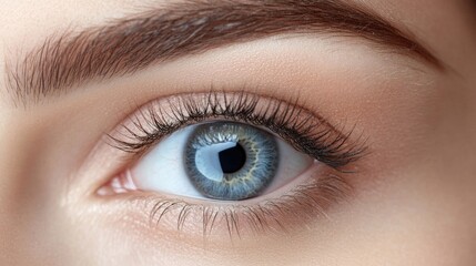 Fototapeta premium Close-up of a woman's eye, showcasing captivating blue iris and long dark lashes. Soft, natural makeup enhances her features.