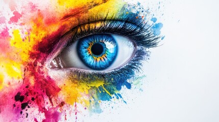 Vividly Illustrated Eye with Spectacular Color Splashes Featuring Brilliant Blue Iris and Detailed Eyelashes, Evoking Creativity and Artistic Expression in Portrait Art