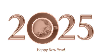 Happy new year 2025 greeting card. Mocha coffee or cacao cup as number 0 in glossy golden brown number 2025 isolated on white background. Trendy color of 2025 year Mocha Mousse.
