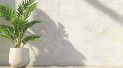 Lush Green Plant Casting Shadows on Neutral Wall in Modern Interior Space