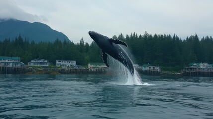 Obraz premium Humpback whale breaches near coastal houses, mountains in background. Stunning wildlife photo ideal for travel, nature, and conservation projects.