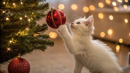 Playful kitten exploring Christmas tree decorations