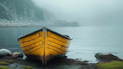 Solitude on the Misty Shore: A weathered yellow rowboat rests serenely on a foggy shoreline, evoking a sense of peace and quiet contemplation. The misty atmosphere adds an air of mystery. 