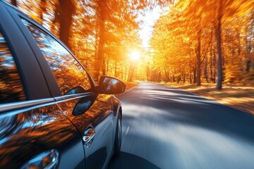 Fototapeta premium Black car drives on autumn road. Perfect for travel, adventure, or fall themes.