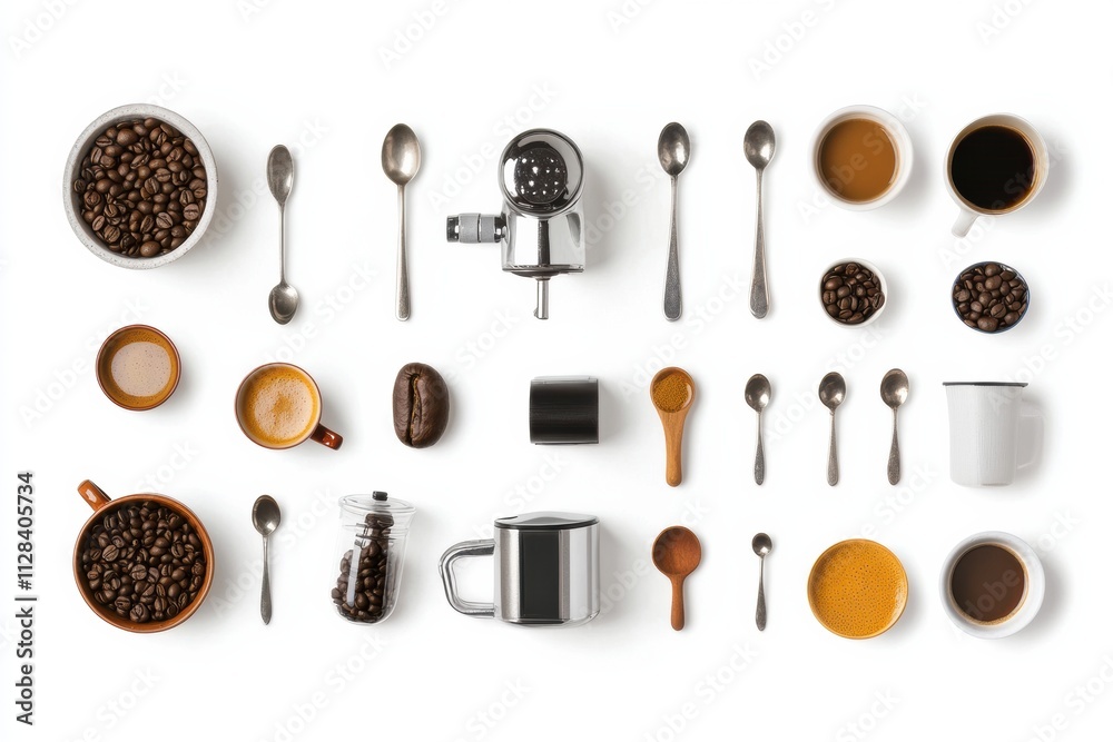 Aufkleber flat lay arrangement features coffee beans, cups, spoons, and a coffee maker, creating a perfect bac