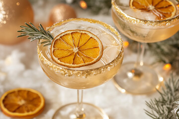 A gold-rimmed coupe glass holds a citrus cocktail on ice, garnished with dried orange slices and rosemary, exuding elegance and refreshing holiday vibes.