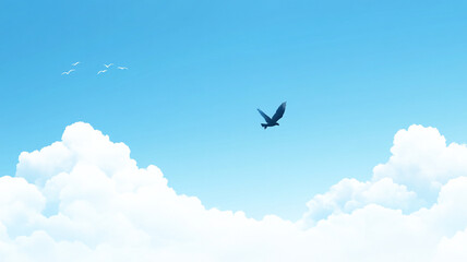 Obraz premium serene blue sky with fluffy clouds and bird soaring gracefully