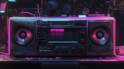 Fototapeta premium Retro boombox with vibrant neon lighting