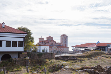 View of the archaeological site of Plaoshnik, St. Clements church in background, history and cultural heritage, located in Ohrid, North Macedonia.