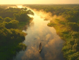 Serene Sunrise Canoe Paddle on Misty River, Golden Hour Aerial View