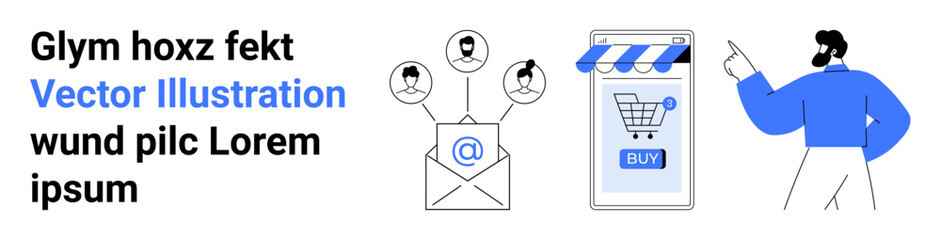 Businessman points to email marketing, eCommerce app, and online store elements. Ideal for email campaigns, digital marketing, eCommerce, business presentations, educational content, website design