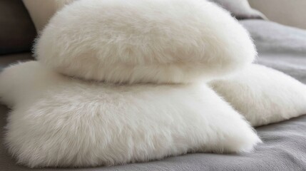 Soft Fluffy White Faux Fur Pillows on Gray Bed Cozy Home Decor Luxurious Texture
