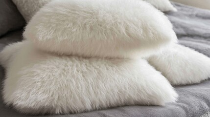 Soft Fluffy White Fur Pillows on Grey Sofa Luxurious Cozy Home Decor Textured