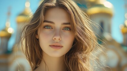 beautiful young woman with long hair on the background of the church biblical character