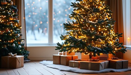 Decorated Christmas tree with twinkling lights and wrapped gifts in a warm indoor setting.