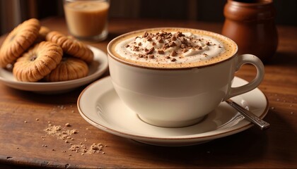 Creamy coffee with whipped cream and chocolate shavings served with cookies on wooden table