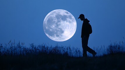 Silhouette of a walking man against a blue sky and moon