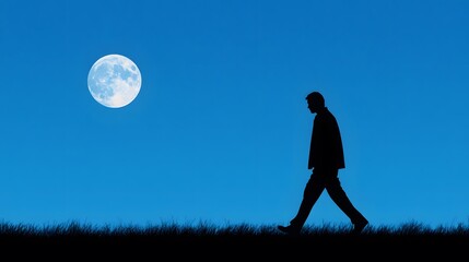 Silhouette of a walking man against a blue sky and moon