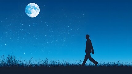 Silhouette of a walking man against a blue sky and moon