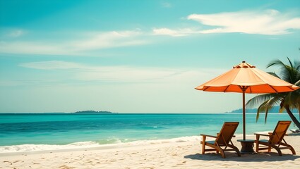 Fototapeta premium Relaxing beach scene with two lounge chairs under a vibrant orange umbrella. Perfect summer getaway!