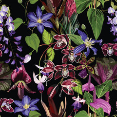 Exotic flowers pattern. Violet tropical flowers and palm leaves in summer print. Hawaiian t-shirt and swimwear tile. 