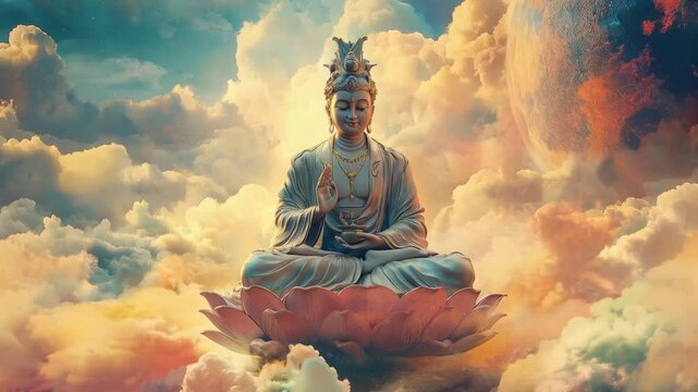 Serene statue buddha of a meditating figure sits gracefully atop a lotus in a colorful, mystical cloud landscape. Concept of Buddhism and Yoga