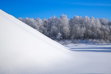 Winter, frosty and sunny mornings. Winter landscape and trees in the frost. Lots of free space for your text.