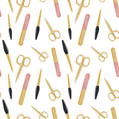 Pattern manicure tools. Scissors and files. White background. Watercolor illustration. For design, backgrounds