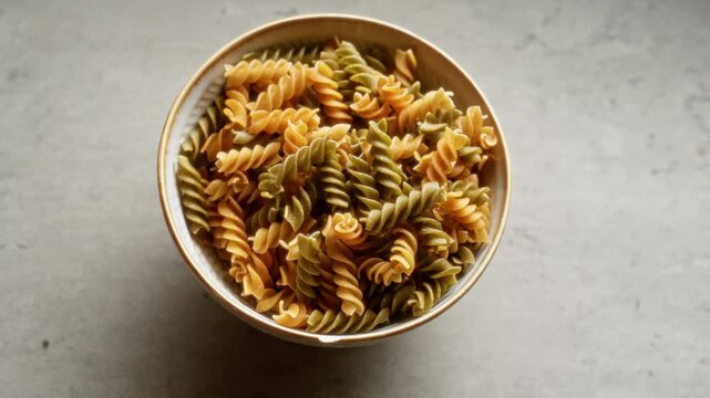 Multicolored rotini pasta in a ceramic bowl on a gray background showcasing vibrant food close-up with texture and simplicity