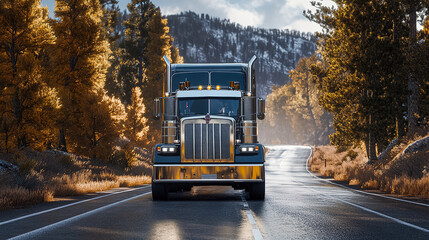 Obraz premium Large truck drives through a scenic road surrounded by autumn trees in a mountainous region during daytime. Generative AI