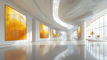 An open space with yellow abstract art hanging on the walls, curved shapes, a high-end exhibition hall interior design, white walls and light gray floors.