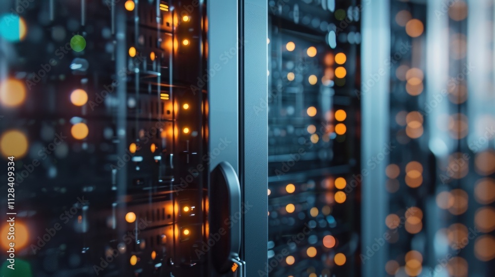 Poster close up of server racks with flashing lights in a data center, highlighting the complex technology 
