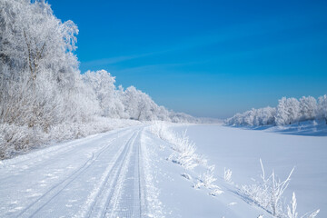 Winter, frosty and sunny mornings. Winter landscape and trees in the frost. A ski run laid along a water channel. Lots of free space for your text.
