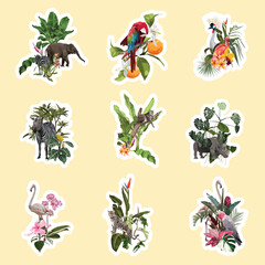 Set of tropical flowers, palm leaves and birds, animals elements. Set of stickers, pins, patches and handwritten notes collection stikers kit.