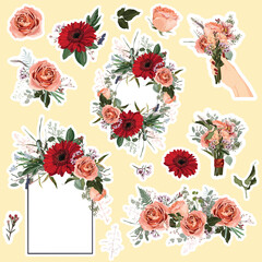 Set of roses and spring flowers elements. Set of stickers, pins, patches and handwritten notes collection stikers kit.