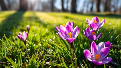 Vibrant purple crocuses emerge from the spring grass, bathed in warm sunlight. A cheerful scene of renewal.